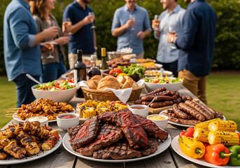 Obraz premium Outdoor summer bbq party with grilled meats and vegetables
