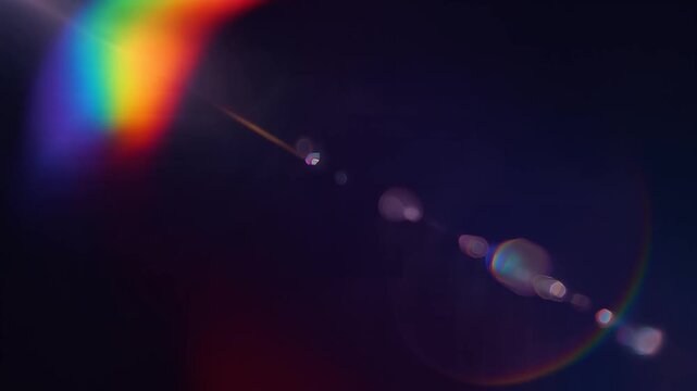 Cinematic slow motion lens flare with vibrant rainbow spectrum and bokeh highlights, drifting across a dark purple background, symbolizing magic, discovery