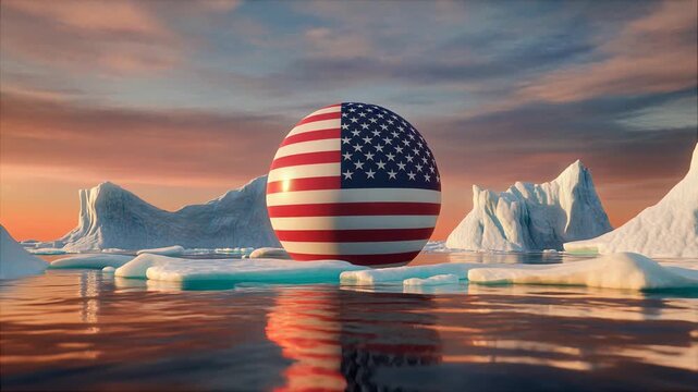 Cinematic slow motion of a large sphere adorned with the American flag floating serenely amidst a surreal Arctic landscape with icebergs and melting ice floes at sunset