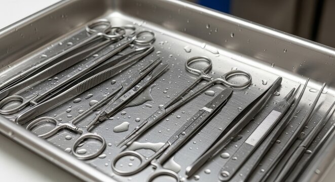 Surgical instruments on metal tray.
