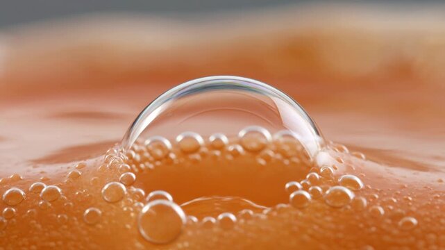 Abstract macro video of refreshing orange drink surface with bursting bubbles and multisensory texture, showcasing summer seasonal visual effects of carbonation, citrus juice, and vitamin energy