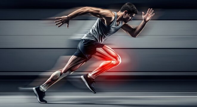 Man sprinting with highlighted leg muscles.