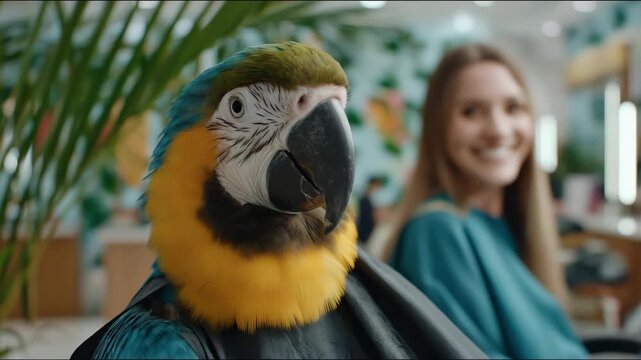 Colorful parrot interaction with smiling woman in tropical salon setting