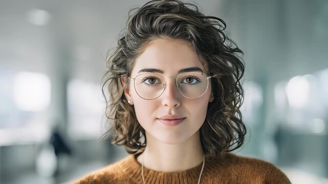A stylish young woman with curly hair and round glasses stands indoors, exuding calm confidence. The soft focus background and natural lighting emphasize her modern, approachable look
