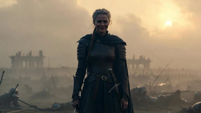 A lone armored female warrior amid a misty battlefield, realistic style, on hazy dawn background, concept of courage