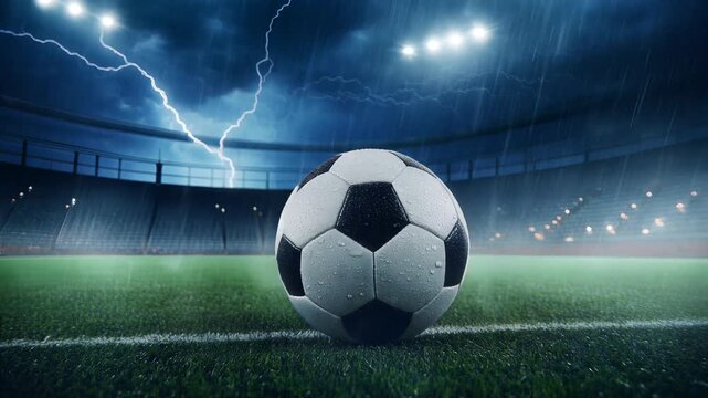 Dramatic soccer ball on rain-soaked stadium field under stormy skies with lightning strikes and bright floodlights, symbolizing intense competition, power