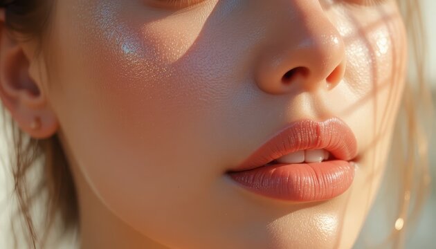 Close Up of a Woman's Face with Shimmering Skin and Glossy Lips in Natural Light Setting