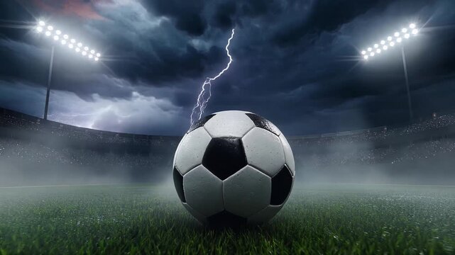 Dramatic soccer ball on stadium field under stormy skies with lightning strike and stadium lights, symbolizing intense competition, power, and the unpredictable nature