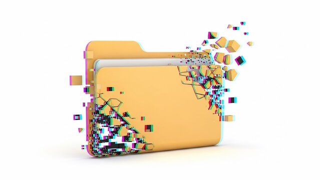 A yellow computer folder icon disintegrating into pixelated fragments with a glitch effect, symbolizing data loss or corruption.