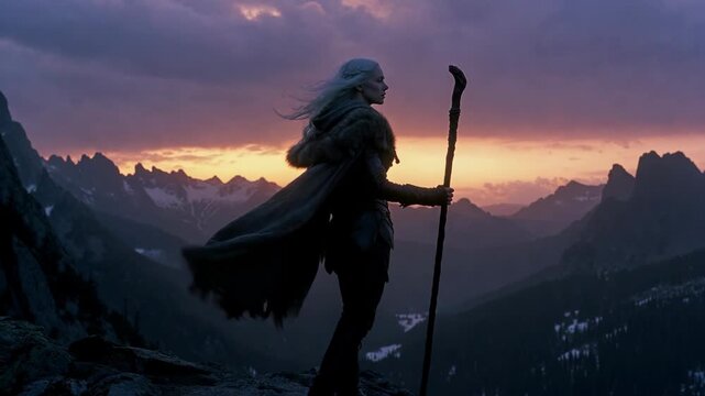A lone fantasy figure with staff on a windy mountain ridge at sunset in cinematic style on sky backdrop, concept of adventure