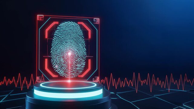 Dynamic biometric authentication display with glowing fingerprint scan and pulsating waveform, symbolizing digital security, identification, and advanced technology for