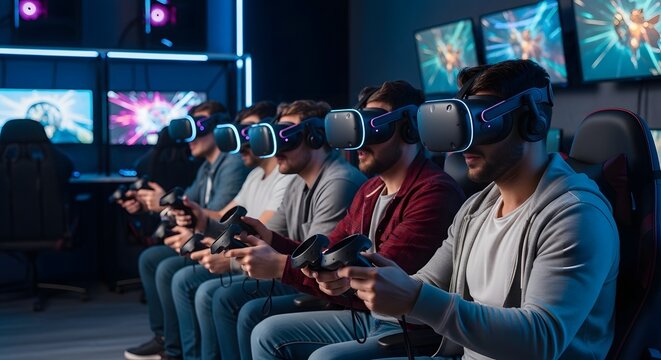 Immersive virtual reality experience with multiple people wearing VR headsets and holding controllers in a gaming arcade or entertainment center