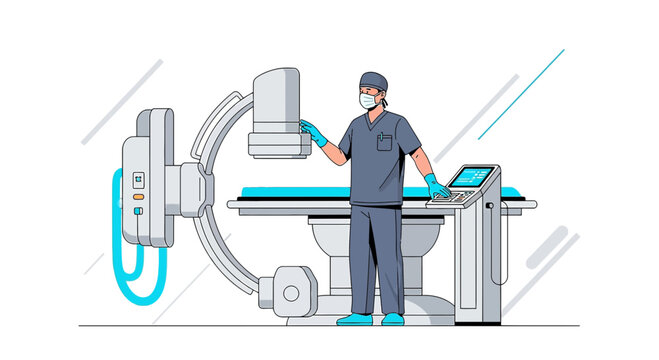 Radiologist operating advanced C-arm X-ray machine for medical imaging in clinic