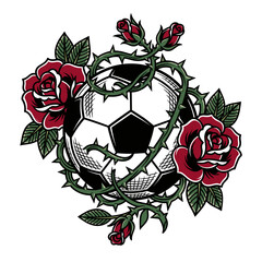 Tattoo style soccer ball entwined with thorny rose vines