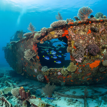 A vibrant shipwreck colonized by diverse coral species and schools of tropical fish under the sea