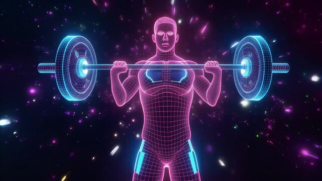 Dynamic holographic male bodybuilder performing barbell lift in neon grid cyberspace with glowing particles, symbolizing strength, fitness, and digital transformation