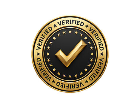 Gold verified badge with checkmark and star ring isolated transparent background premium certification seal icon clipart
