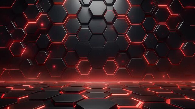 Dynamic pulsating hexagonal grid with glowing red neon lines and atmospheric smoke, abstract futuristic digital background, symbolizing technology, data, and energy flow