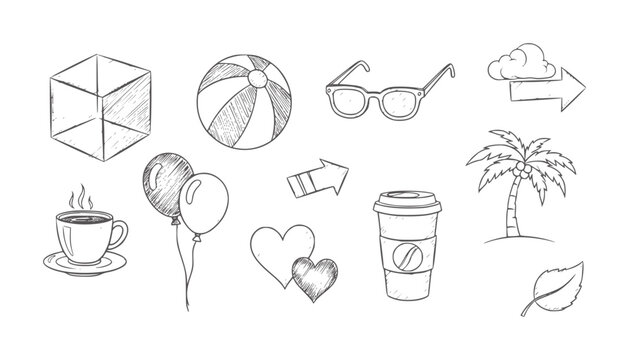 Black and white hand drawn of diverse and symbols handdrawn blackandwhite cube beachball