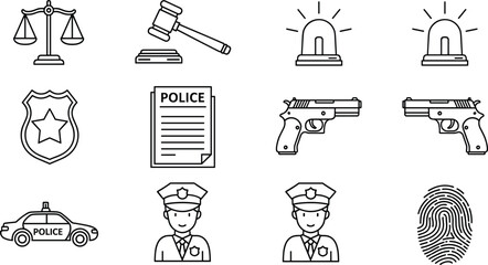 Professional Line Art Vector Icon Set Featuring Justice Scales Gavel Police Badge Patrol Car Handgun Fingerprint And Officer Avatar Symbols © MdMucha