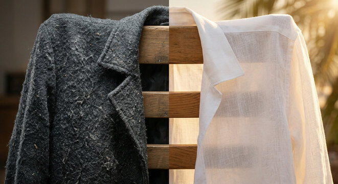 Before and after comparison of worn pilled fabric and clean smooth shirt.