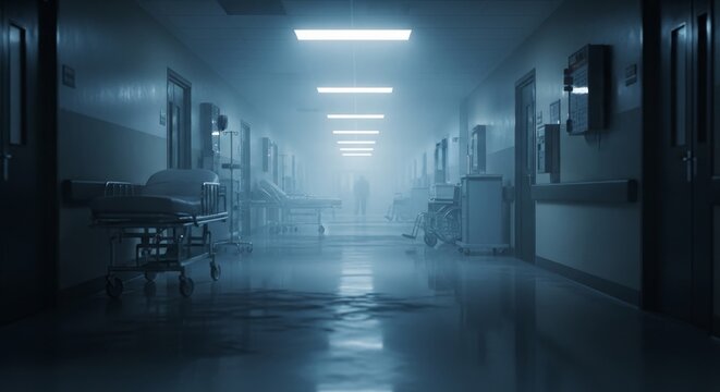 Abandoned hospital corridor with medical equipment.