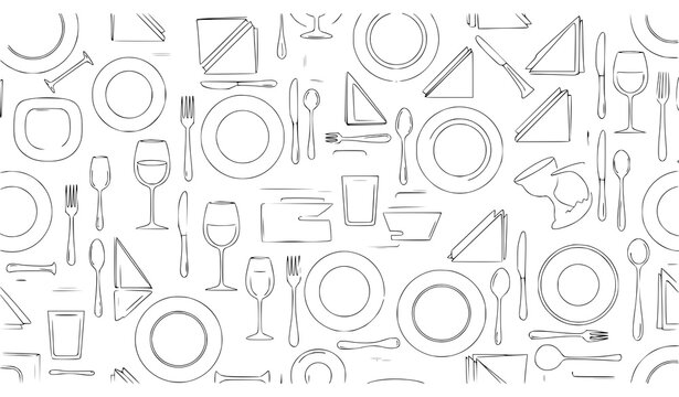 Dining table setting seamless pattern thin line vector design