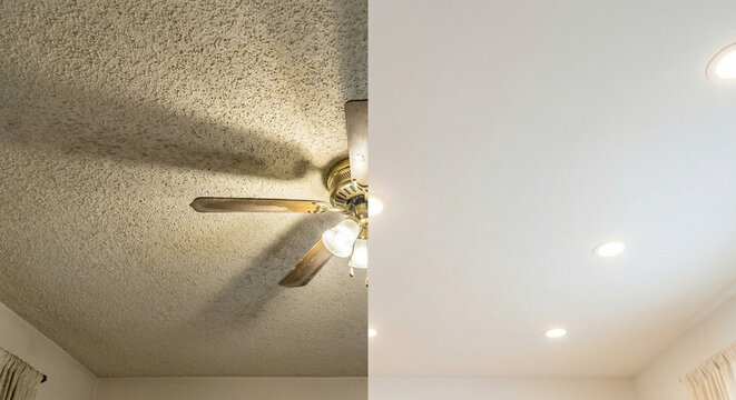 Popcorn ceiling removal and modern lighting installation for home renovation.