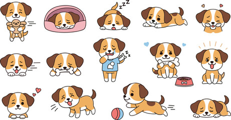 Cute puppy dog characters collection with different emotions and activities, adorable pet mascots in playful poses vector illustration set for kids design © MstMukta