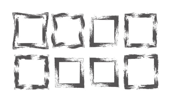 Eight dark grey grunge square frames with rough brush stroke edges white squares