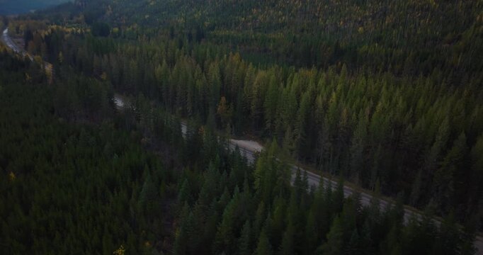 Truck tows heavy machinery on road in dense evergreen forest landscape in northwest Montana near Polebridge, aerial