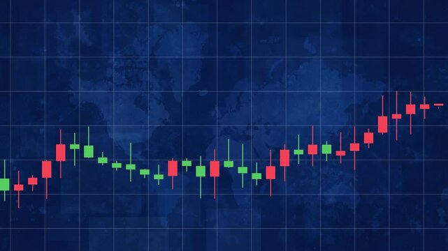 Scrolling candlestick chart financial data grid overlay with abstract blue world map background
