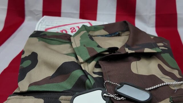 This video explains the military separation process using powerful visuals of camouflage gear and ID tags to represent the transition from service to civilian life