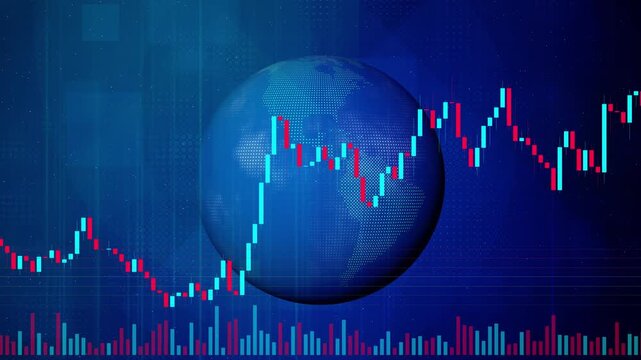 Digital globe with scrolling financial candlestick charts, global economy bull market trading data, professional blue corporate background