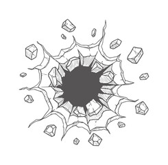 Fototapeta premium Hand drawn black and white explosion hole with jagged edges and flying rock fragments