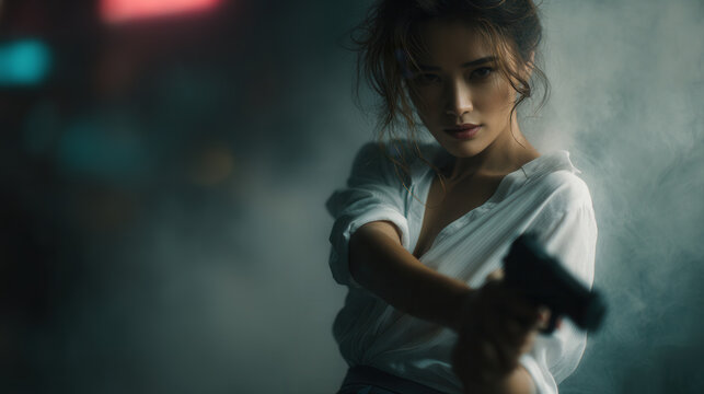 young Asian girl holding a pistol gun