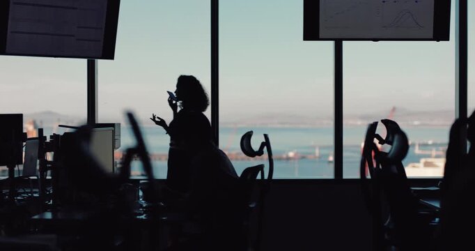 Silhouette, phone call and recording with business woman in office for reminder, communication or speaker. Contact, negotiation feedback and loudspeaker with person pacing for advisor and chat