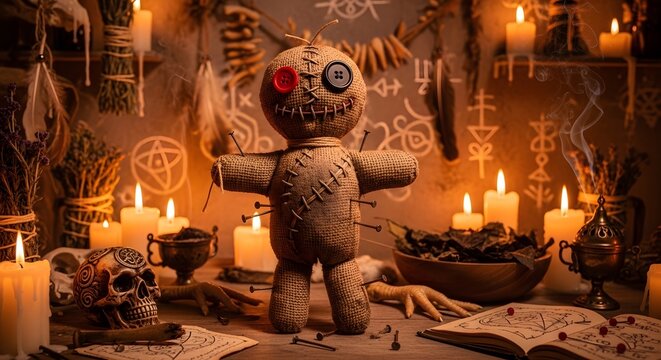 Mysterious Voodoo Doll Surrounded by Candles and Ritualistic Symbols in a Dark Room