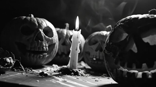 Spooky black and white Halloween still life with carved pumpkins, a lit candle, and smoke against a dark background.