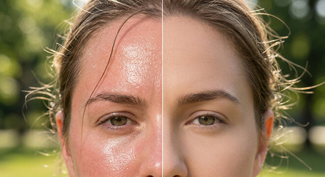 Woman's face showing before and after sweating or makeup application
