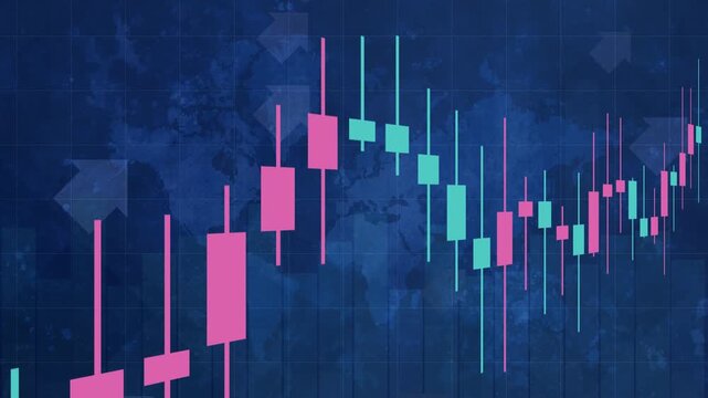 Blue world map background with candlestick chart financial data grid overlay