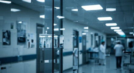 Fototapeta premium Hospital corridor with medical staff walking.