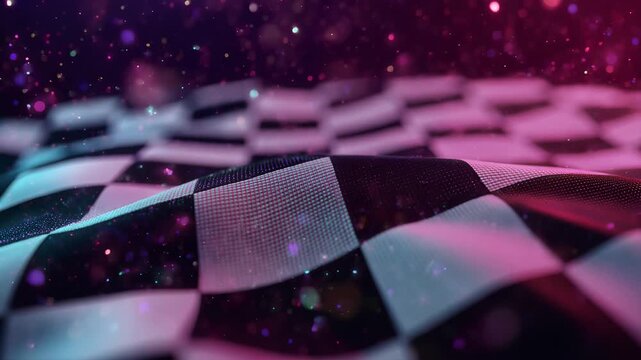 Waving checkered flag with glowing particles and neon lighting, cinematic motion, representing victory, competition, and the start of a race, for sports and gaming