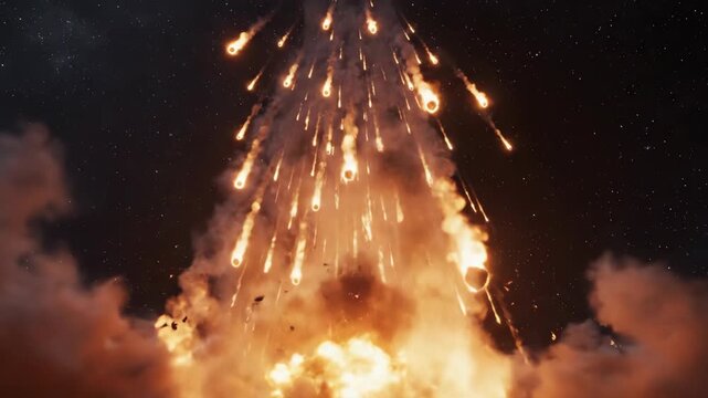 Fiery Explosion and Debris Flying Upwards in a Dark Night Sky.
