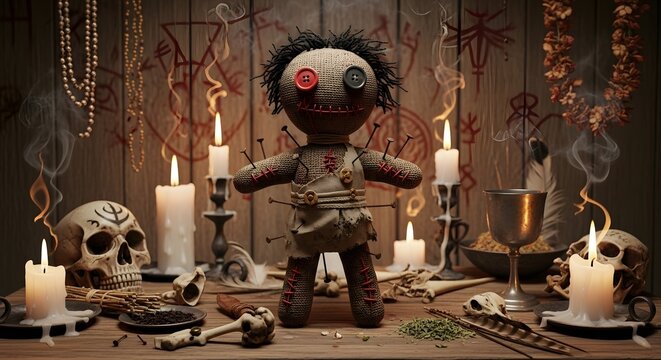 Eerie Voodoo Doll Centered on a Mystical Altar, Surrounded by Lit Candles, Ancient Skulls, and Occult Symbols on a Dark Wooden Background, Evoking a Sense of Forbidden Magic and Ancient Rituals