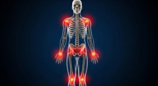 Human skeleton with highlighted joints pain.