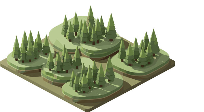 Isometric pine forest terrain with hills contour layers and dense trees representing nature landscape environment and topographic map illustration