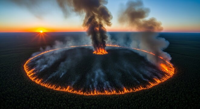 Volcanic eruption with smoke and flames.