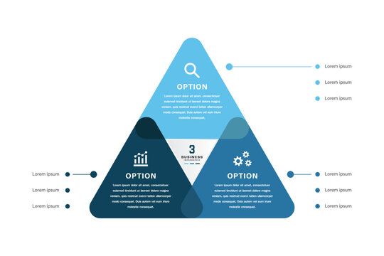 Venn diagram business infographic triangle template with 3 Options and Connected Bullet Points