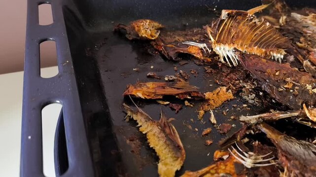 Fried crucian carp with a crispy crust on a baking sheet. Close-up of burnt fish in the oven